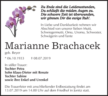 Traueranzeige von Marianne Brachacek von Mitteldeutsche Zeitung Dessau-Roßlau