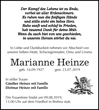 Traueranzeige von Marianne Heinze von Wochenspiegel Bitterfeld