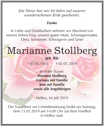 Traueranzeige von Marianne Stollberg von Wochenspiegel Mansfelder Land