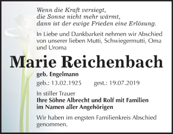 Traueranzeige von Marie Reichenbach von Mitteldeutsche Zeitung Zeitz