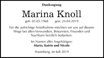 Traueranzeige von Marina Knoll von Wochenspiegel Naumburg/Nebra