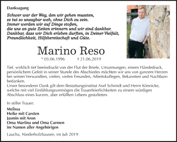 Traueranzeige von Marino Reso von Wochenspiegel Naumburg/Nebra