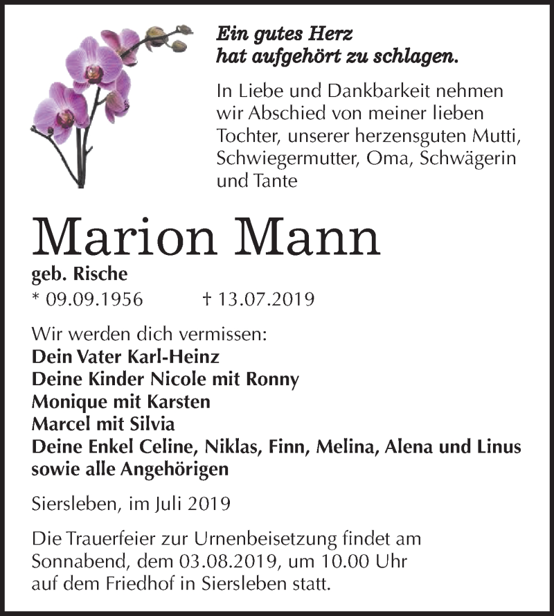  Traueranzeige für Marion Mann vom 19.07.2019 aus Mitteldeutsche Zeitung Mansfelder Land