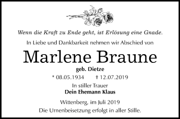 Traueranzeige von Marlene Braune von Super Sonntag Wittenberg