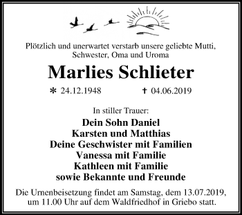 Traueranzeige von Marlies Schlieter von Mitteldeutsche Zeitung Wittenberg