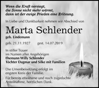 Traueranzeige von Marta Schlender von Super Sonntag Wittenberg