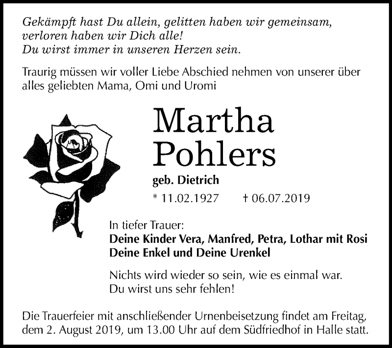  Traueranzeige für Martha Pohlers vom 24.07.2019 aus Mitteldeutsche Zeitung Halle/Saalkreis