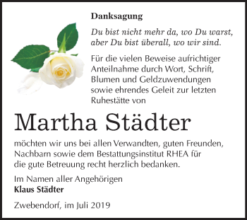 Traueranzeige von Martha Städter von Mitteldeutsche Zeitung Halle/Saalkreis