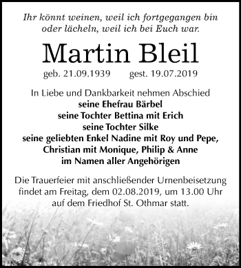 Traueranzeige von Martin Bleil von Wochenspiegel Naumburg/Nebra