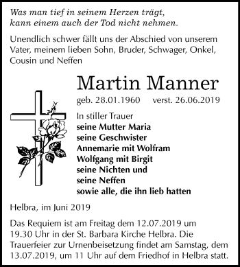 Traueranzeige von Martin Manner von Mitteldeutsche Zeitung Mansfelder Land