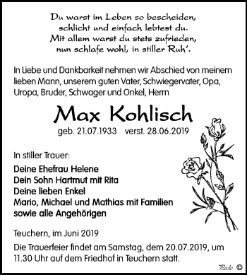 Traueranzeige von Max Kohlisch von Wochenspiegel Weißenfels