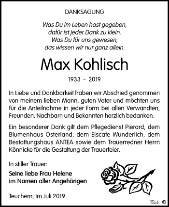 Traueranzeige von Max Kohlisch von Mitteldeutsche Zeitung Weißenfels