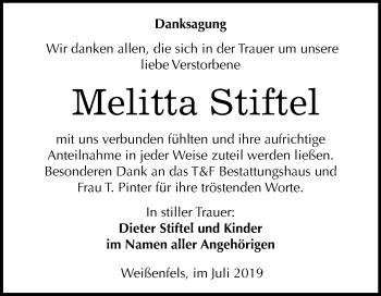 Traueranzeige von Melitta Stiftel von Wochenspiegel Weißenfels