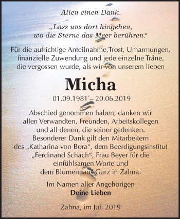 Traueranzeige von Micha  von Mitteldeutsche Zeitung Wittenberg