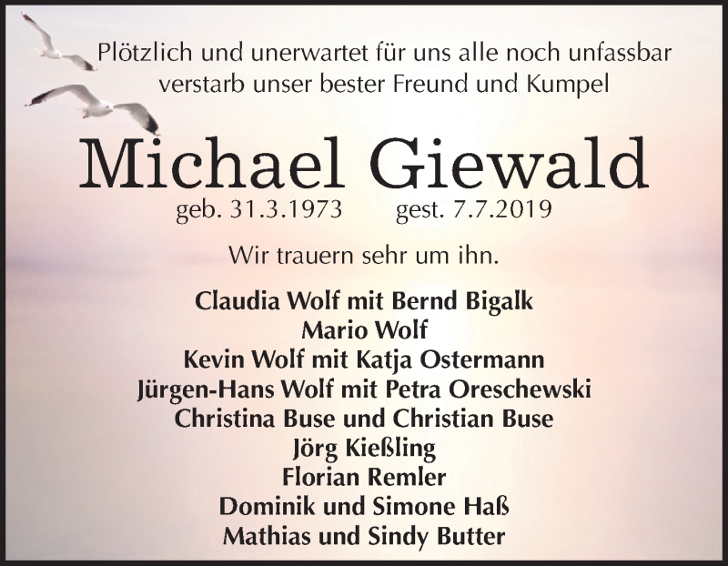  Traueranzeige für Michael Giewald vom 24.07.2019 aus Wochenspiegel Naumburg/Nebra