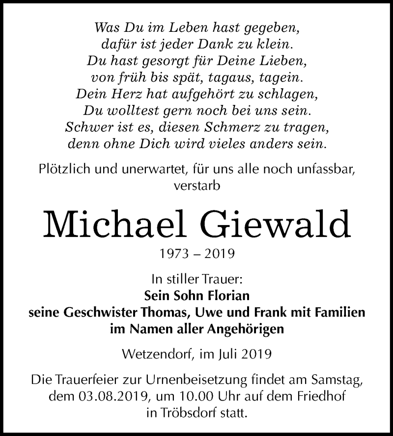  Traueranzeige für Michael Giewald vom 24.07.2019 aus Wochenspiegel Naumburg/Nebra