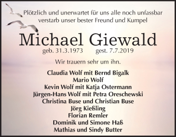 Traueranzeige von Michael Giewald von Wochenspiegel Naumburg/Nebra