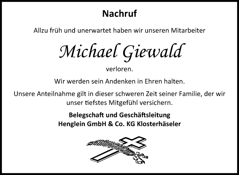  Traueranzeige für Michael Giewald vom 31.07.2019 aus Wochenspiegel Naumburg/Nebra