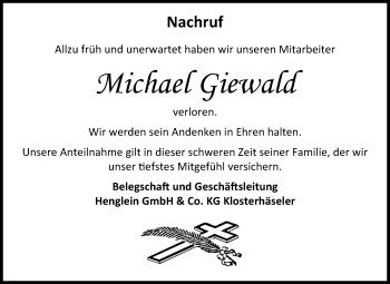 Traueranzeige von Michael Giewald von Wochenspiegel Naumburg/Nebra