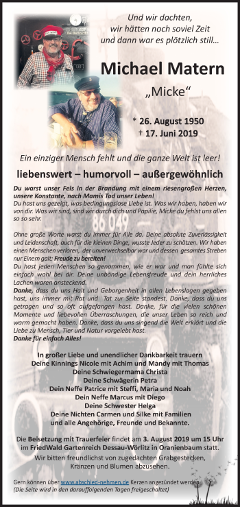 Traueranzeige von Michael Matern von Mitteldeutsche Zeitung Halle/Saalkreis