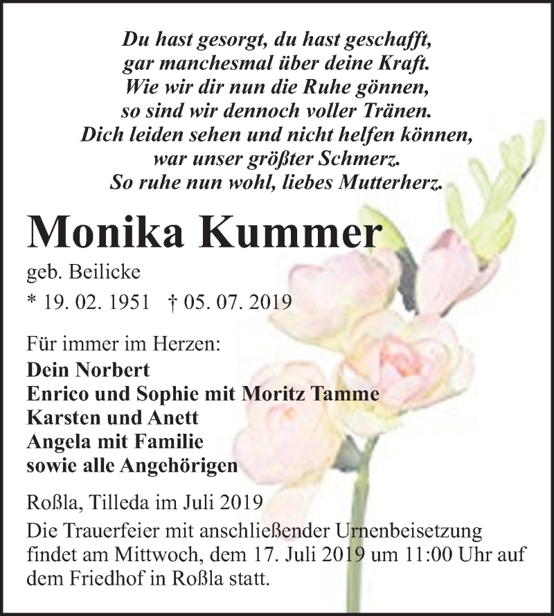  Traueranzeige für Monika Kummer vom 12.07.2019 aus Mitteldeutsche Zeitung Sangerhausen