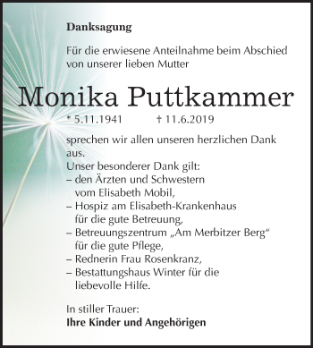 Traueranzeige von Monika Puttkammer von Mitteldeutsche Zeitung Halle/Saalkreis