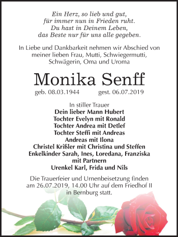 Traueranzeige von Monika Senff von Mitteldeutsche Zeitung Bernburg