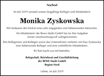 Traueranzeige von Monika Zyskowska von Mitteldeutsche Zeitung Wittenberg