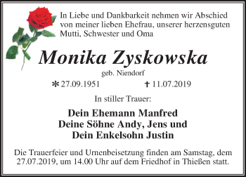 Traueranzeige von Monika Zyskowska von Super Sonntag Wittenberg