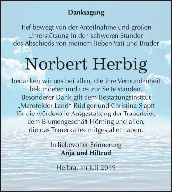Traueranzeige von Norbert Herbig von Super Sonntag Mansfelder Land