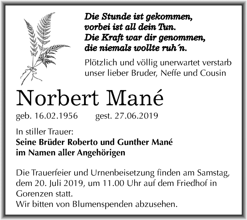  Traueranzeige für Norbert Mané vom 05.07.2019 aus Mitteldeutsche Zeitung Mansfelder Land