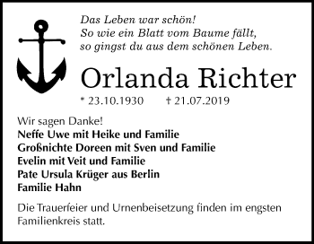 Traueranzeige von Orlanda Richter von Mitteldeutsche Zeitung Wittenberg