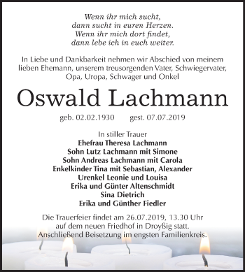 Traueranzeige von Oswald Lachmann von Super Sonntag Zeitz