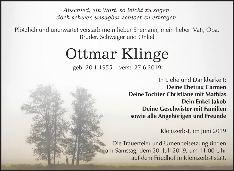 Traueranzeige für Ottmar Klinge vom 02.07.2019 aus Mitteldeutsche Zeitung Köthen