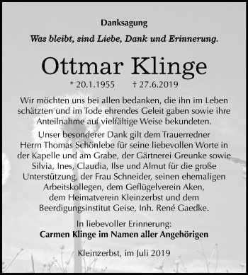 Traueranzeige von Ottmar Klinge von Mitteldeutsche Zeitung Köthen