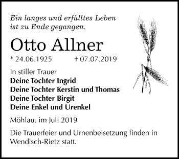 Traueranzeige von Otto Allner von Mitteldeutsche Zeitung Wittenberg