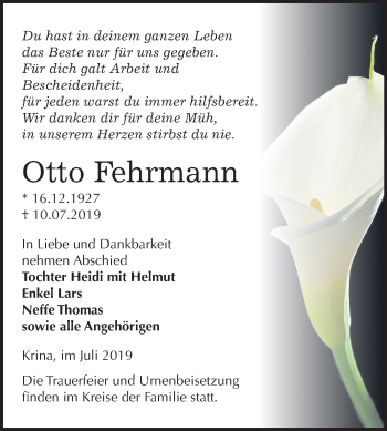 Traueranzeige von Otto Fehrman von Wochenspiegel Bitterfeld