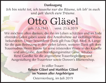 Traueranzeige von Otto Gläsel von Super Sonntag Köthen