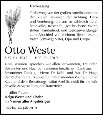 Traueranzeige von Otto Weste von Wochenspiegel Naumburg/Nebra
