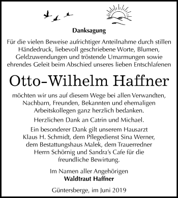 Traueranzeige von Otto-Wilhelm Haffner von Super Sonntag Quedlinburg