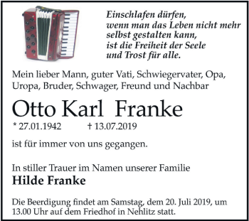 Traueranzeige von Otto Karl Franke von Mitteldeutsche Zeitung Halle/Saalkreis