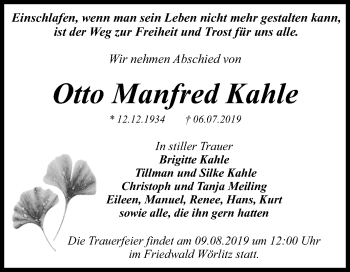 Traueranzeige von Otto Manfred Kahle von Mitteldeutsche Zeitung Dessau-Roßlau