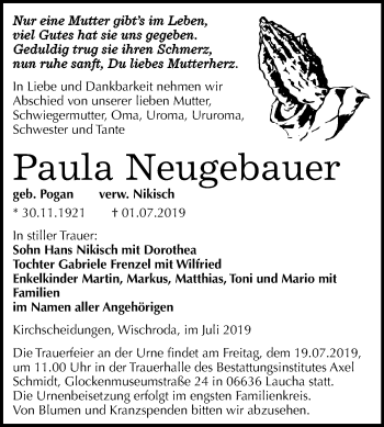 Traueranzeige von Paula Neugebauer von Mitteldeutsche Zeitung Naumburg/Nebra