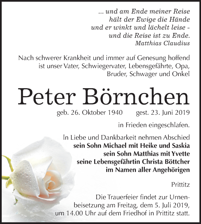  Traueranzeige für Peter Börnchen vom 03.07.2019 aus Wochenspiegel Weißenfels