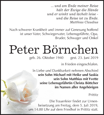 Traueranzeige von Peter Börnchen von Wochenspiegel Naumburg/Nebra