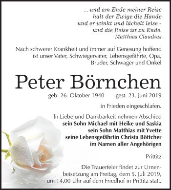 Traueranzeige von Peter Börnchen von Wochenspiegel Weißenfels