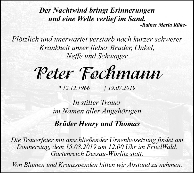  Traueranzeige für Peter Fochmann vom 27.07.2019 aus Super Sonntag Dessau-Roßlau