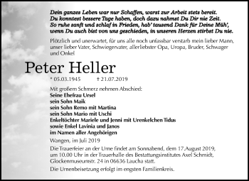 Traueranzeige von Peter Heller von Mitteldeutsche Zeitung Naumburg/Nebra