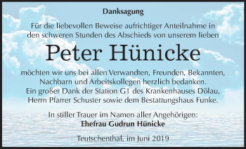 Traueranzeige von Peter Hünicke von Mitteldeutsche Zeitung Mansfelder Land