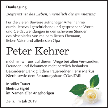 Traueranzeige von Peter Kehrer von Super Sonntag Zeitz
